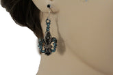 Women Earring Fashion Jewelry Silver Metal Fleur De Lis Flower Turquoise Blue